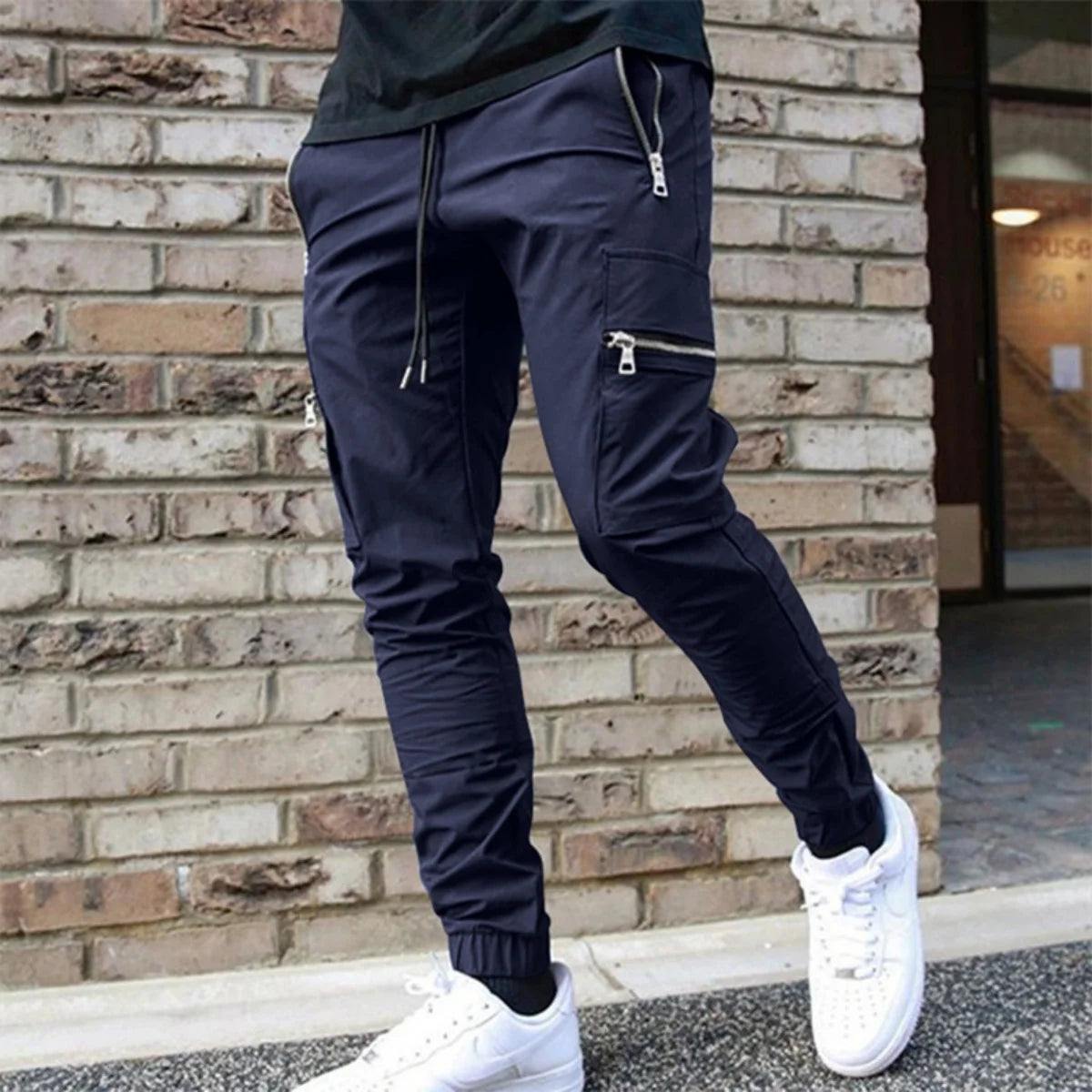 Men's Zipper Pocket Design Drawstring Solid Cargo Pants