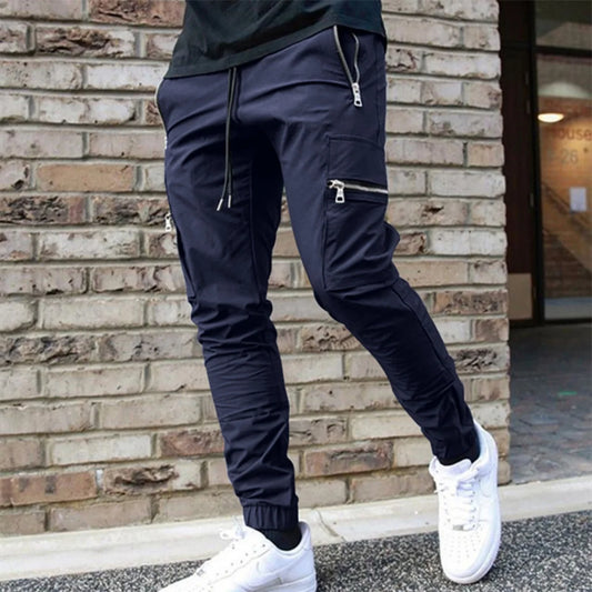 Men's Zipper Pocket Design Drawstring Solid Cargo Pants
