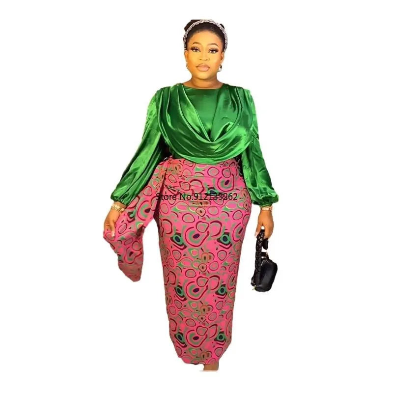 Pleated Ruched Satin Long Sleeve Blouse + African Print Maxi Skirt 2-Piece Set to 3X