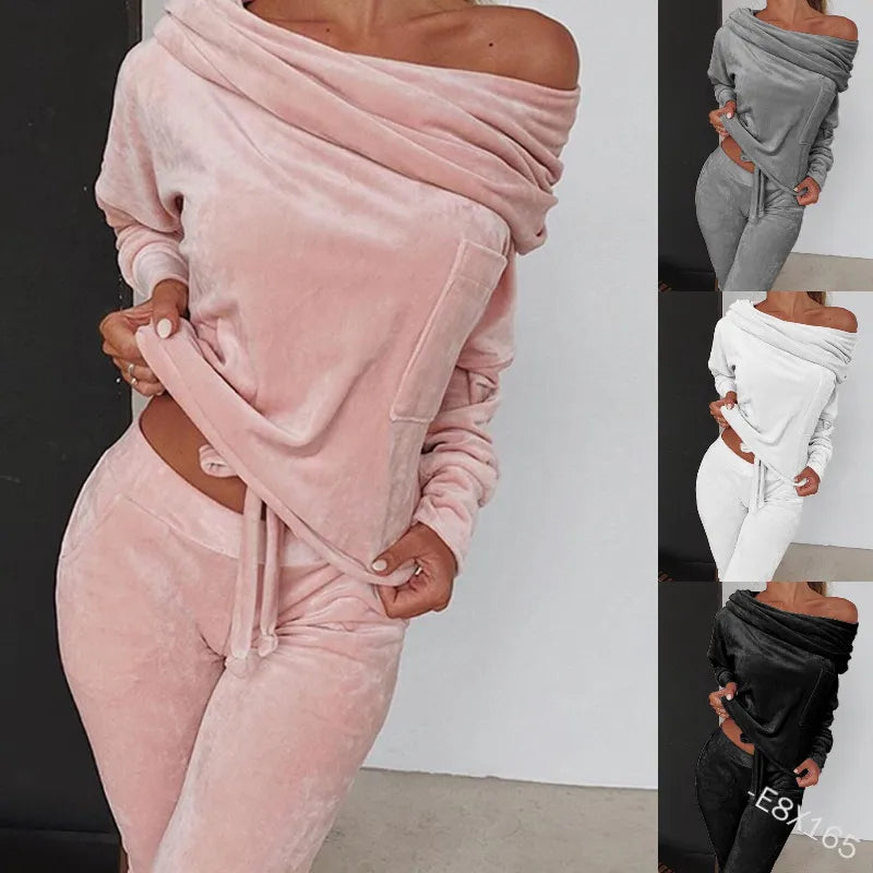 Velvet Women's Solid Off-the-Shoulder Sweatshirt + High Waist Sweatpants 2-Piece Set