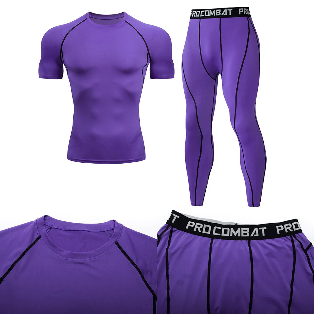 Men's Compression Gym Biking Shirt + Workout Leggings Fitness Athleseuire Set