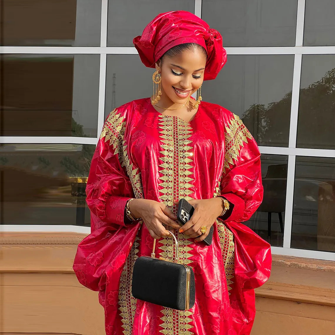 African Dashiki w/ Gold Dust Embroidered Evenings Gown Dress