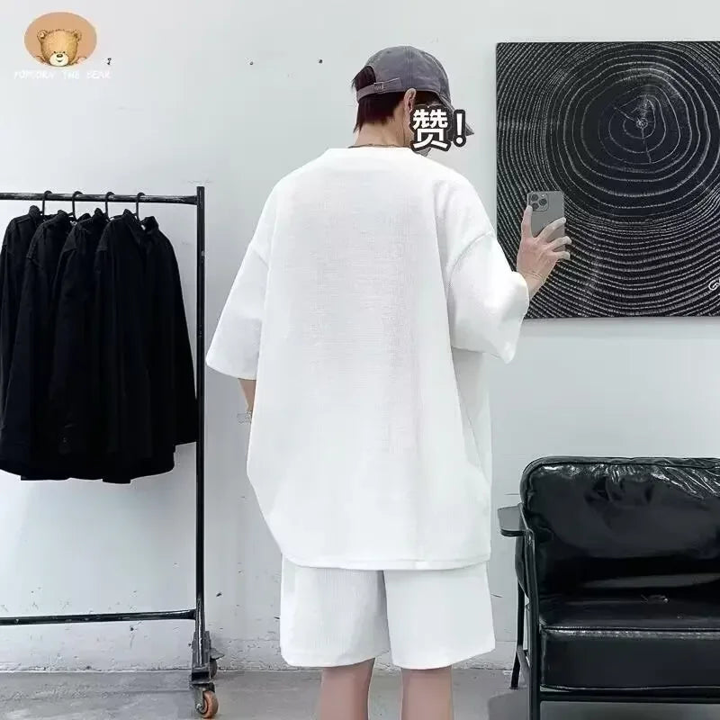 Men's Teddy Bear 3D Embroidered Design Streetwear Hip-Hop Short Sleeve T-Shirt + Drawstring Shorts 2 Piece Set