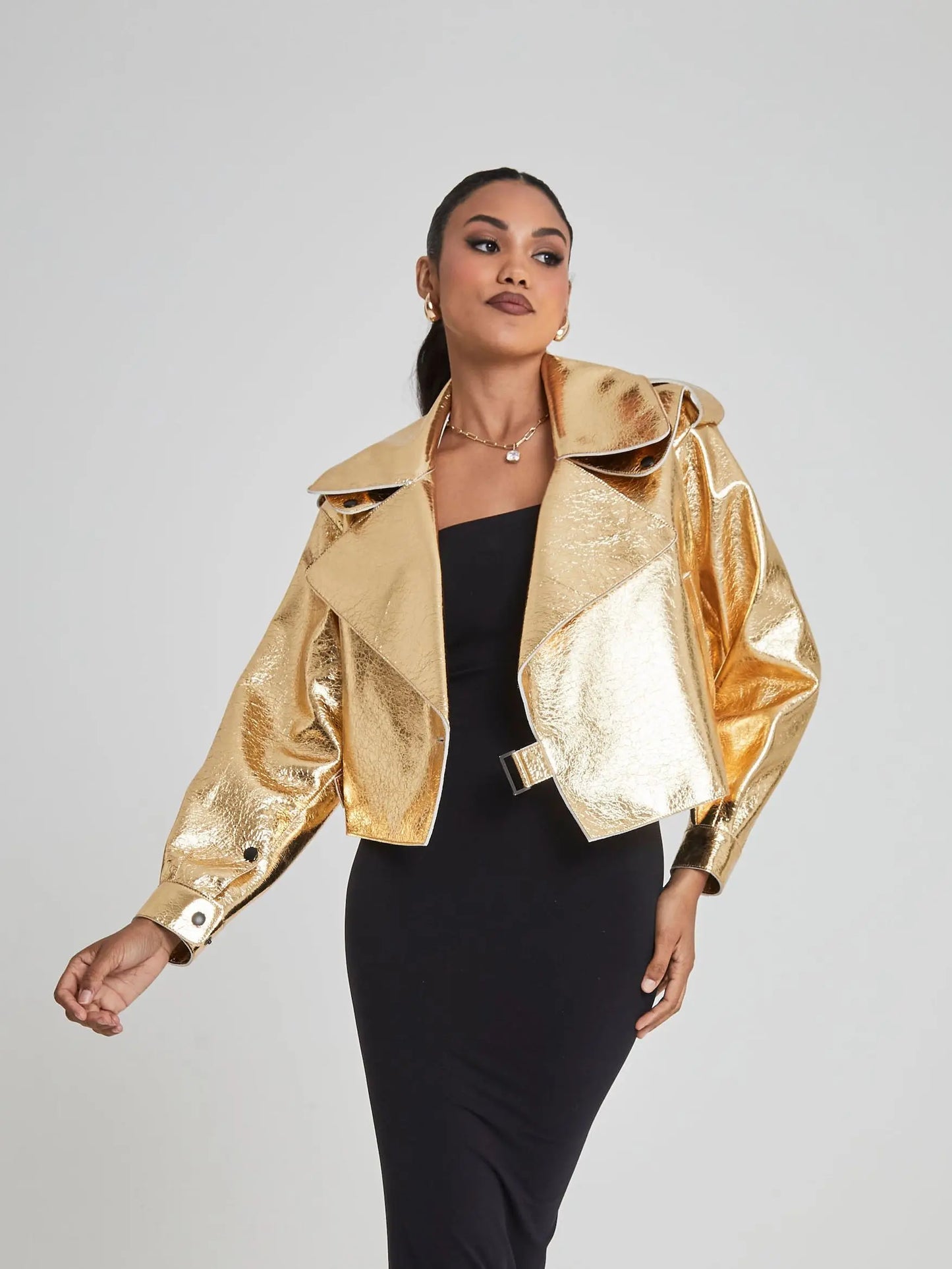 Silver/Gold Metallic Puff Sleeve Oversized Women's Loose PU Leather Streetwear Motorcycle/Biker Jacket