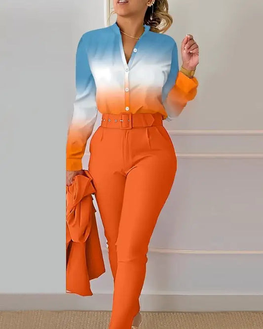 Orange/Baby Blue Ombre Gradient Colorblock Turn-Down Collar Long Sleeve Buttoned Blouse & High Waist Pocket Pants 2-Piece Set