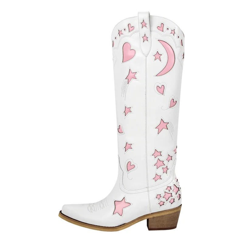 White/Pink Heart Star Moon Embroidered Design Pointed Toe Knee-High Western Side Zipper Cowgirl Rodeo Boots