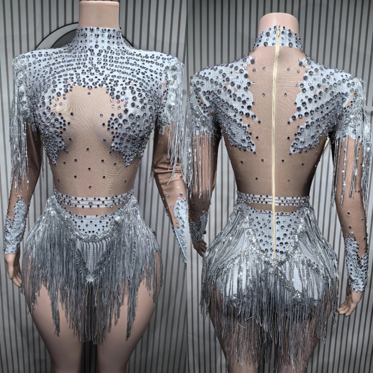 Sparkling Rhinestone Hollow-Out Long Sleeve Stage Formal Stage Performance Skin Tight Bodysuit