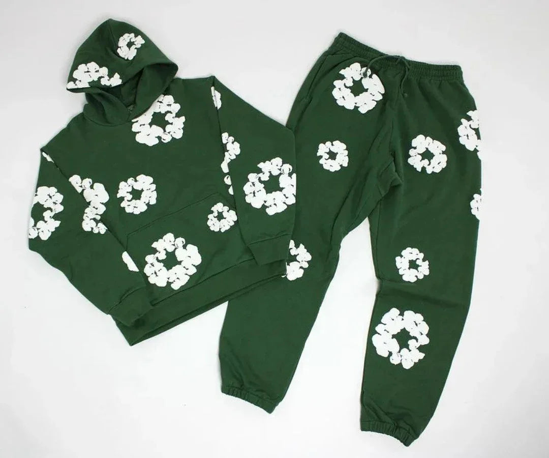 Men's Cotton Big Flower Print Hoodie Sweatshirt + Drawstring Sweatpants Tracksuit