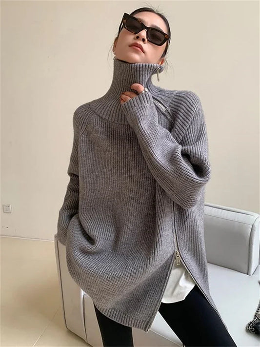 Solid Women's Turtleneck Zipper Oversized Sweater