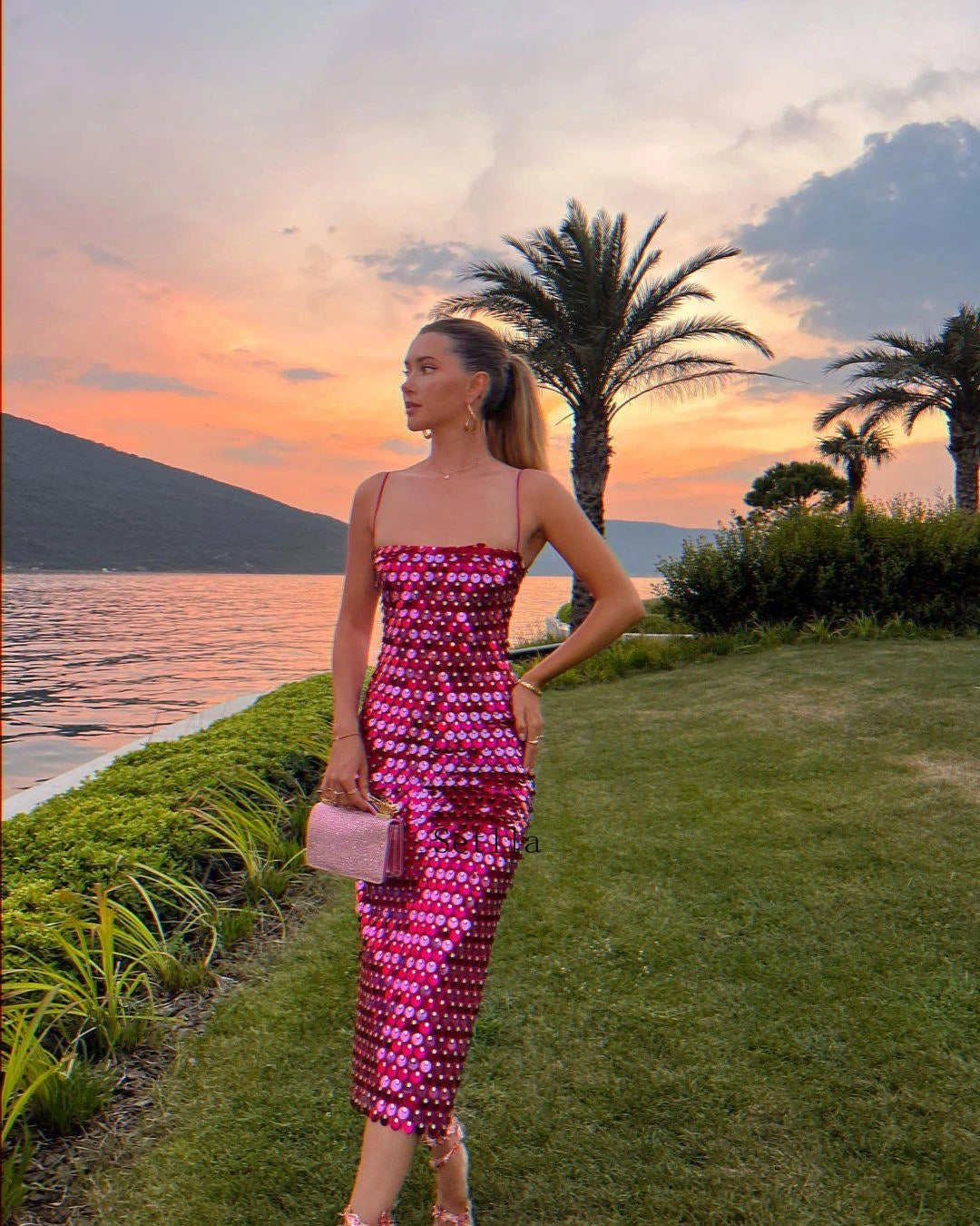 Sparkling Sequin Sleeveless Solid Backless Spaghetti Strap Formal Maxi Party Dress