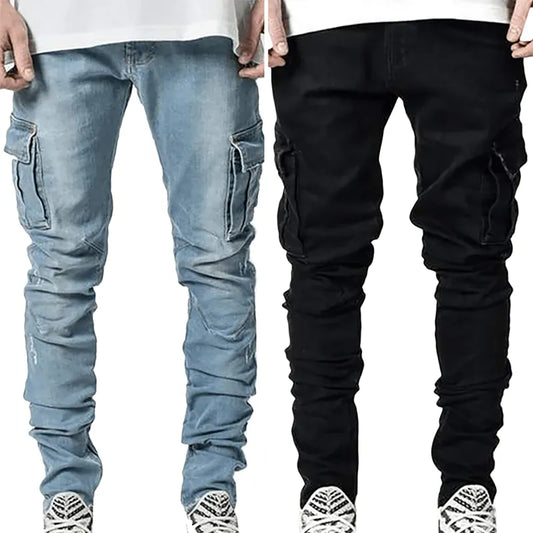 Men's Washed Multi-Pocket Denim Mid-Waist Cargo Jeans