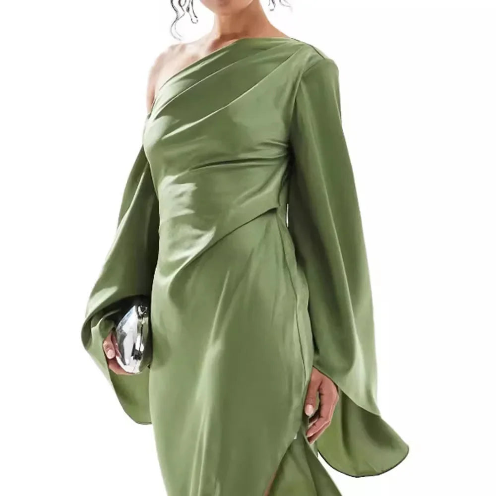 Satin Asymmetrical Olive Green Ruched One Shoulder Long Sleeve High Slit Formal Maxi Dress