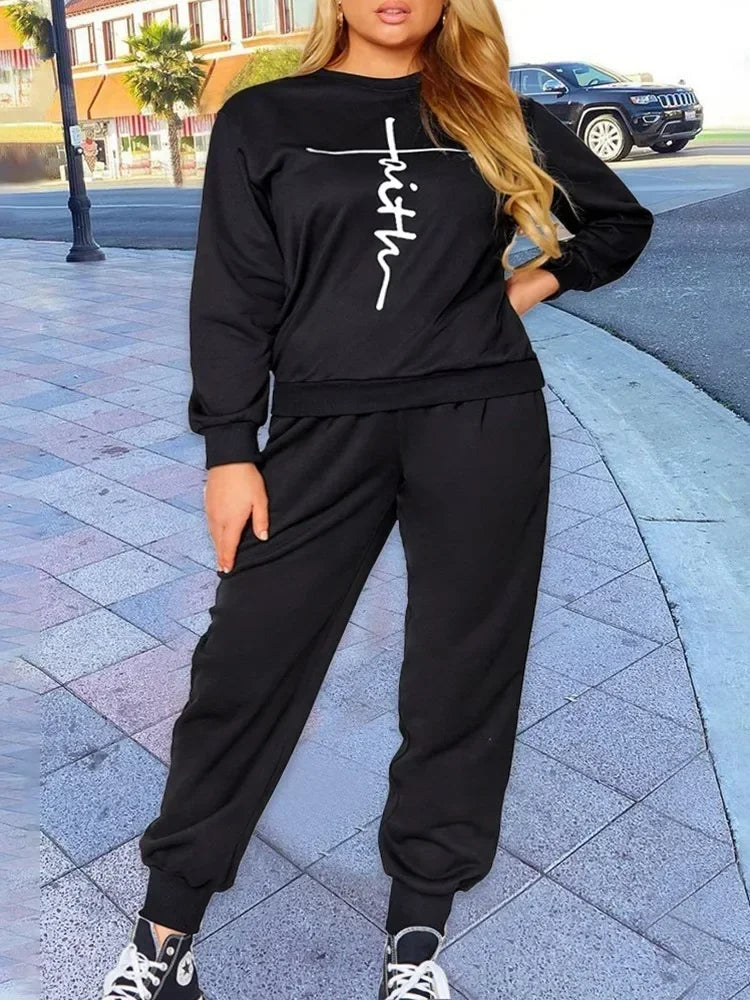 Geometric Print Colorblock Sweatshirt & Drawstring Sweatpants Ladies 2-Piece Sets