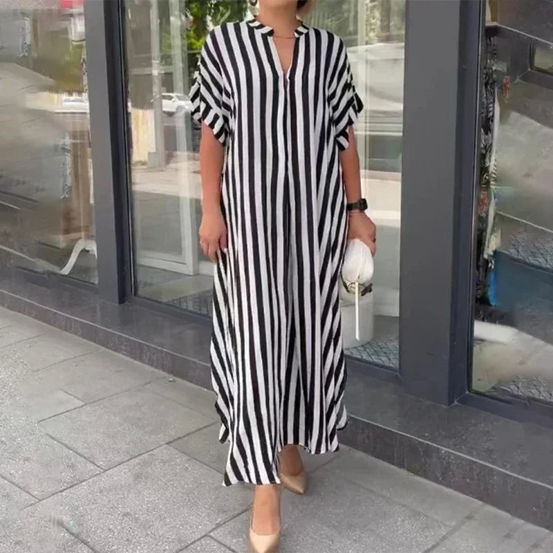 Striped/Geometric Abstract Printed Turn-Down Collar V-Neck Short Sleeve Side Split Oversized Maxi Shirt Dress