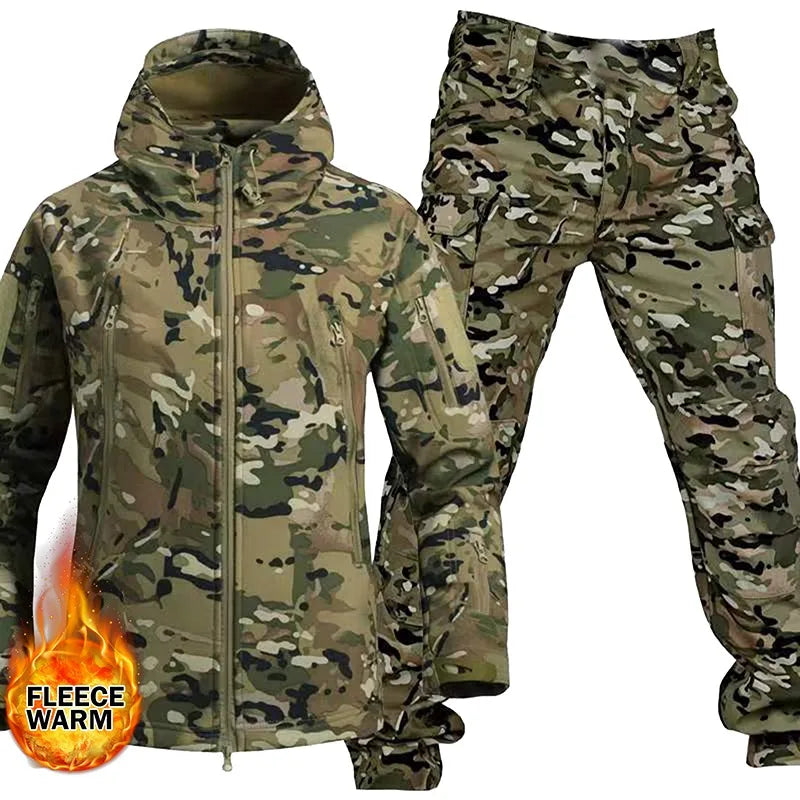 Men's Velvet Soft Shell Military Sharkskin Storm Jacket Zipper Hiking/Fishing 2-Piece Cargo Pants Outdoors Set