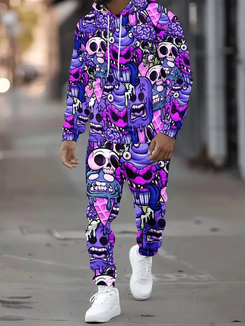 Men's Purple Skeleton Graffiti Print Hoodie Sweatshirt + Matching Sweatpants Tracksuit
