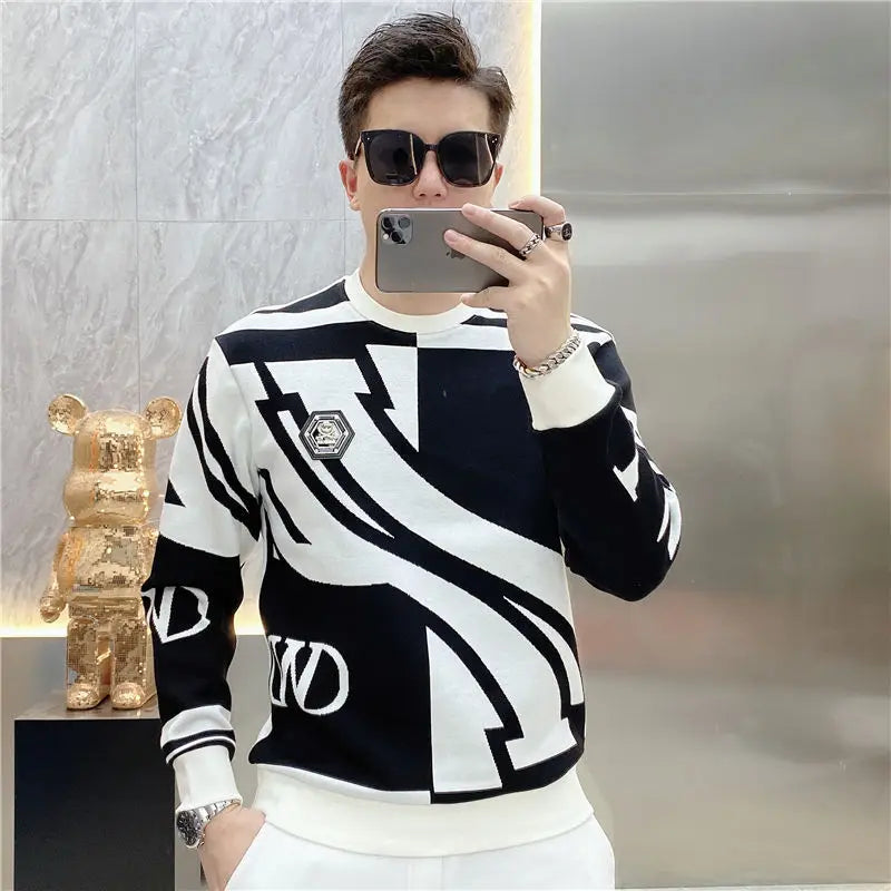 Men's Black/White Geometric Colorblock Contrast Print O-Neck High Street Long Sleeve Sweatshirt