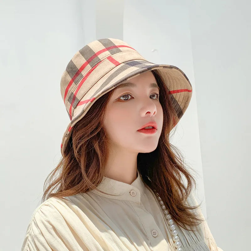 British Women's Suede Plaid Folding Designer Replica Bucket Hat