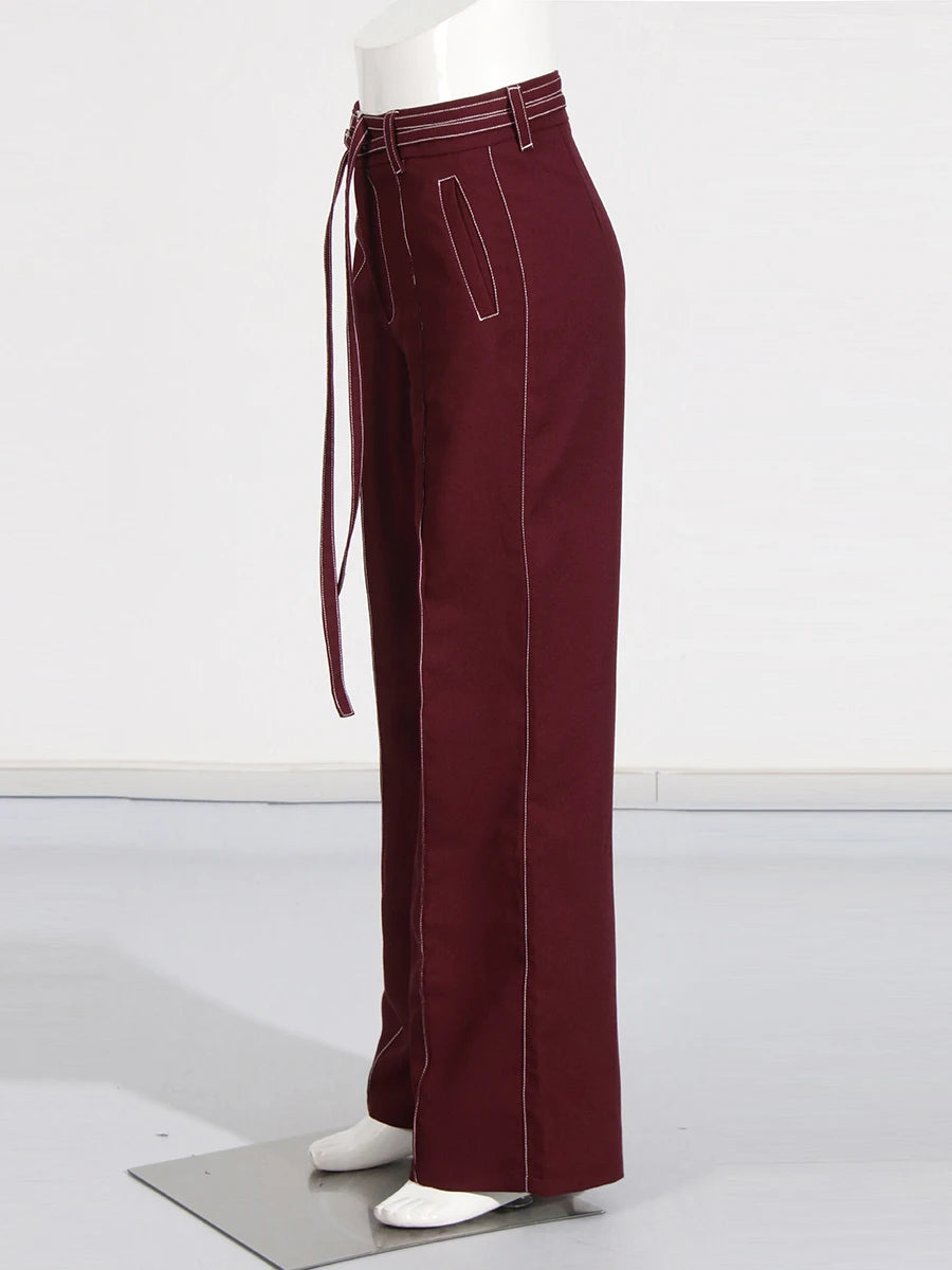 Burgundy Irregular Notched Collar Double Strap Design Blazer Jacket + High Waist Straight Pants Women's Formal Suit