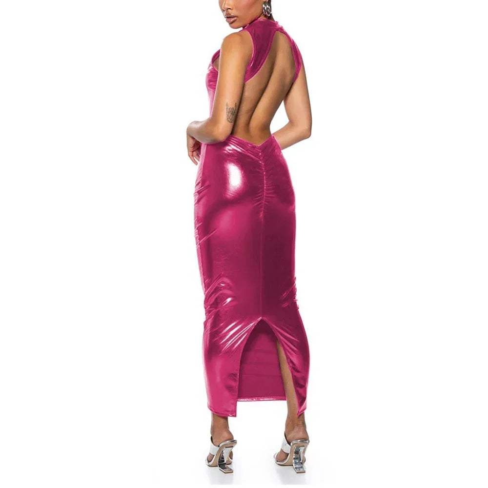 Shiny PU Leather Metallic Backless Sleeveless High Back Slit Bodycon Formal Maxi Party Dress to 3X Plus Size
