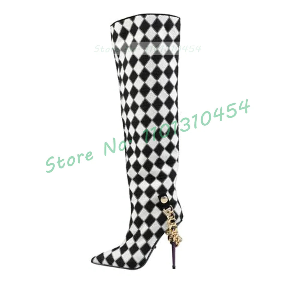 Plaid Black/White Checkered Knee-High Gold Chain Decor Purple Metal Stiletto Heel Pointed Toe Side Zipper Boots