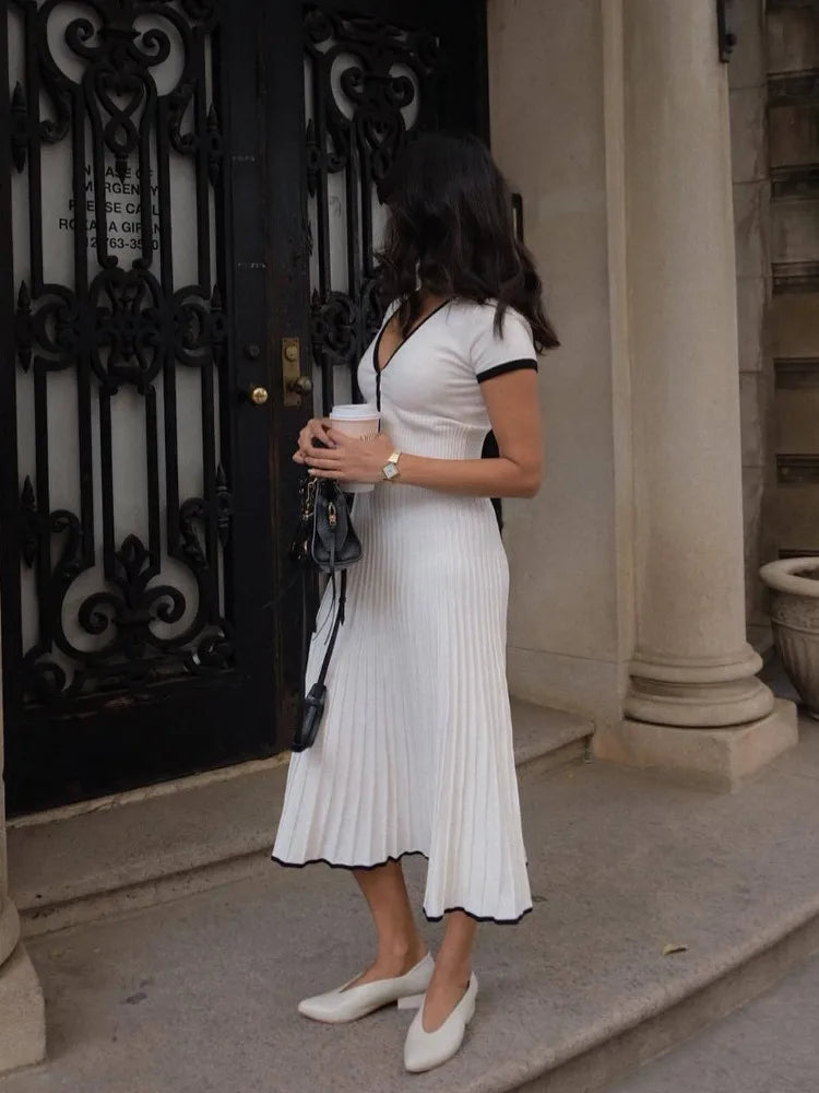 White/Black Striped Ribbed Short Sleeve Button-Up Cardigan Sweater + Knitted Maxi Skirt 2-Piece Set to 3X Plus