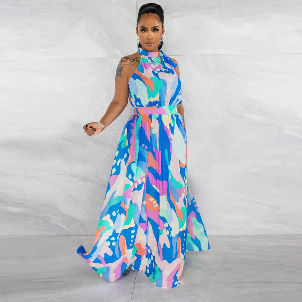 Floral Printed O-Neck Bowtie Sleeveless Floor-Length Dress