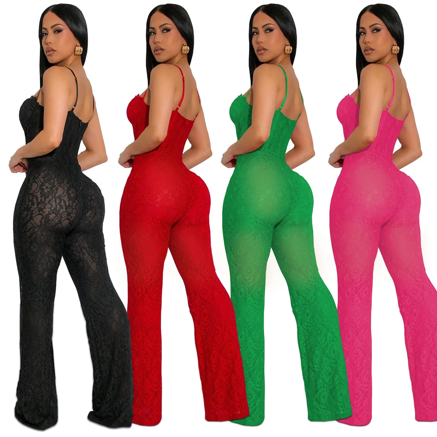 Lace Sexy Sheer Mesh Sleeveless Spaghetti Strap Solid Color Formal Jumpsuit