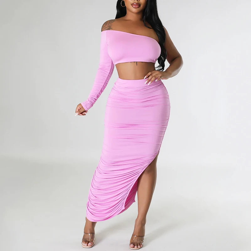 Asymmetrical One Shoulder Solid Backless Long Sleeve Crop Top + Bandage Shirred Draped Ruched High Slit Maxi Skirt 2-Piece Set