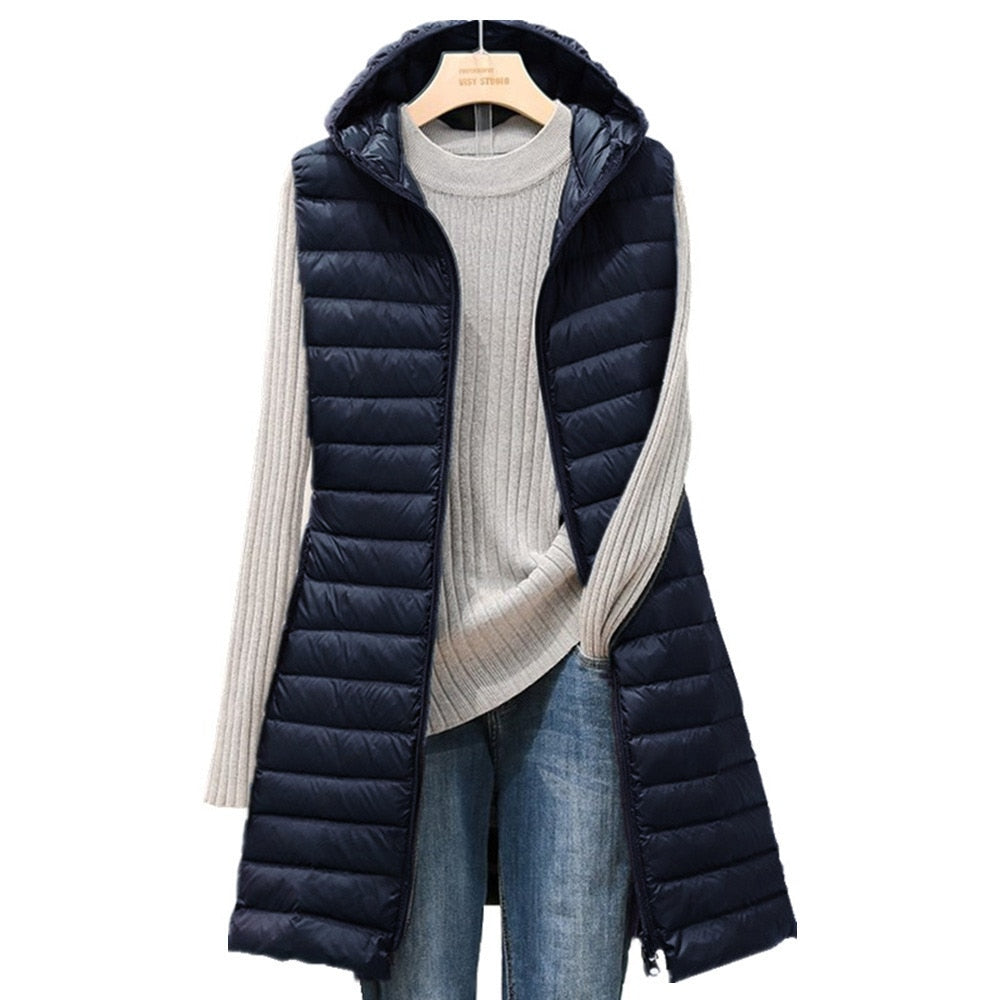 Hooded Lightweight Padded Cotton Down Maxi Vest