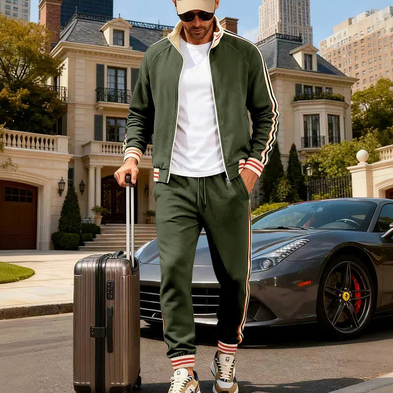 Men's Fleece Lined Heated Zipper Long Sleeve O-Neck Bomber Sports Jacket + Jogger Sweatpants Tracksuit
