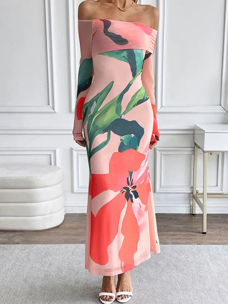 Pink Off-the-Shoulder Big Flower Print Long Sleeve Maxi Dress