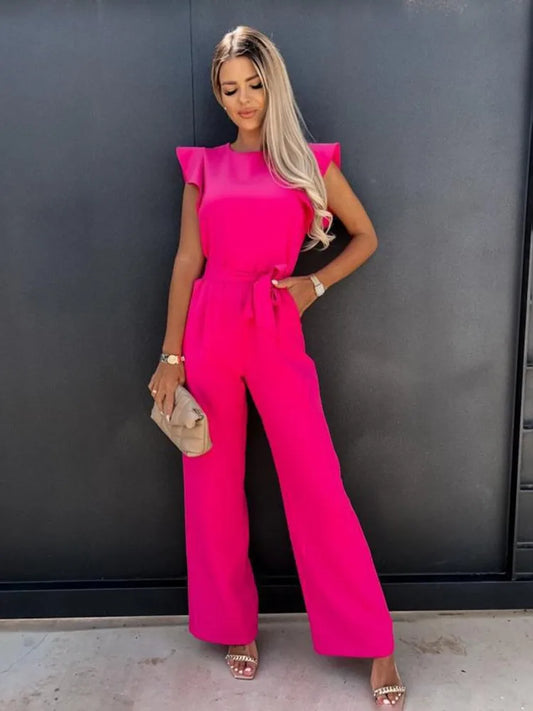 Ruffled Short Butterfly Sleeve Solid Wide Leg Vintage Elastic Waist Jumpsuit