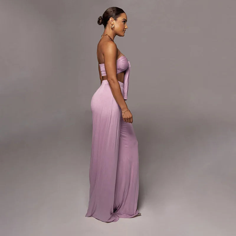 Sleeveless Bowknot Design Tube Top+ Wide Leg Pants Women's Solid Color 2-Piece Set