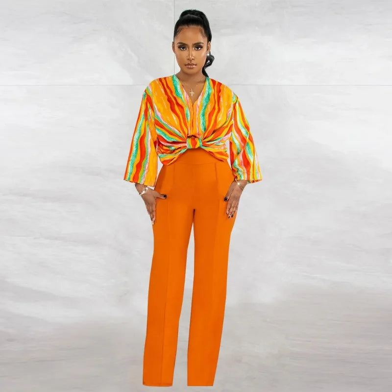 Swirl Colorblock Striped Long Sleeve Blouse +Solid Pants 2-Piece Set