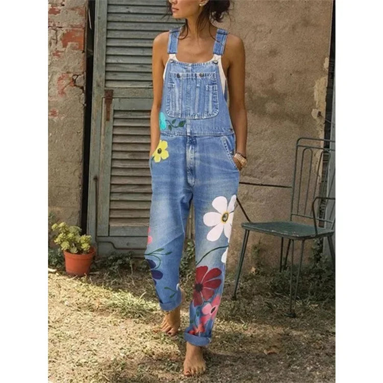 Denim Big Flower Print Sleeveless Overall Style Women's Jean Skinny Jumpsuit to 5X Plus