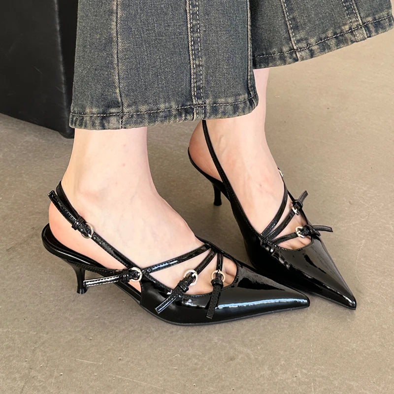 Pointed Toe Slingback Shallow Triple Buckle Strap Pumps