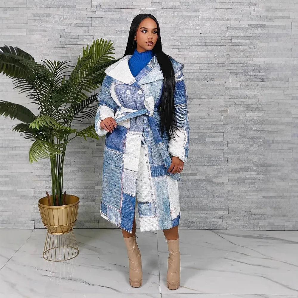 Denim Colorblock Checker Print Longline Padded Double Breasted Belted Streetwear Women's Trenchcoat