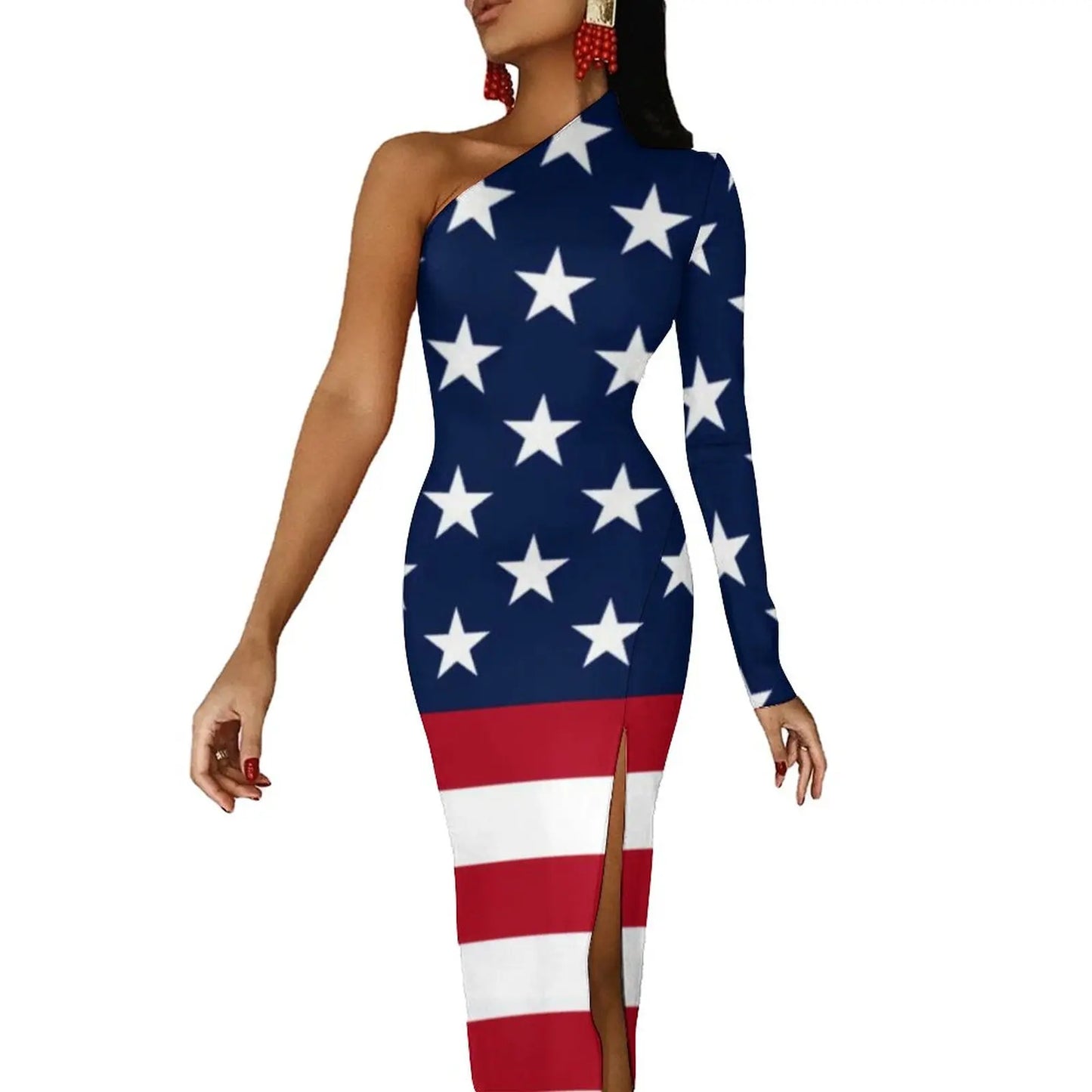 Striped/Rainbow Striped/American Flag Print One Sleeve Asymmetrical Bodycon Midi Dresses