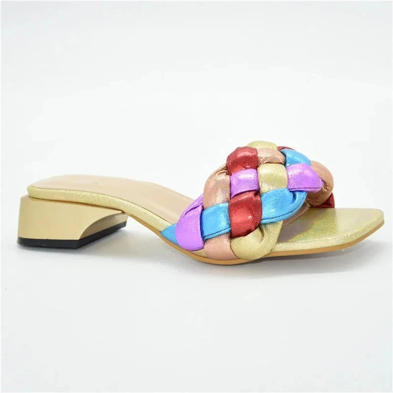 Rainbow Colorblock Weave Pattern Flat Open Toe Women's Sandals