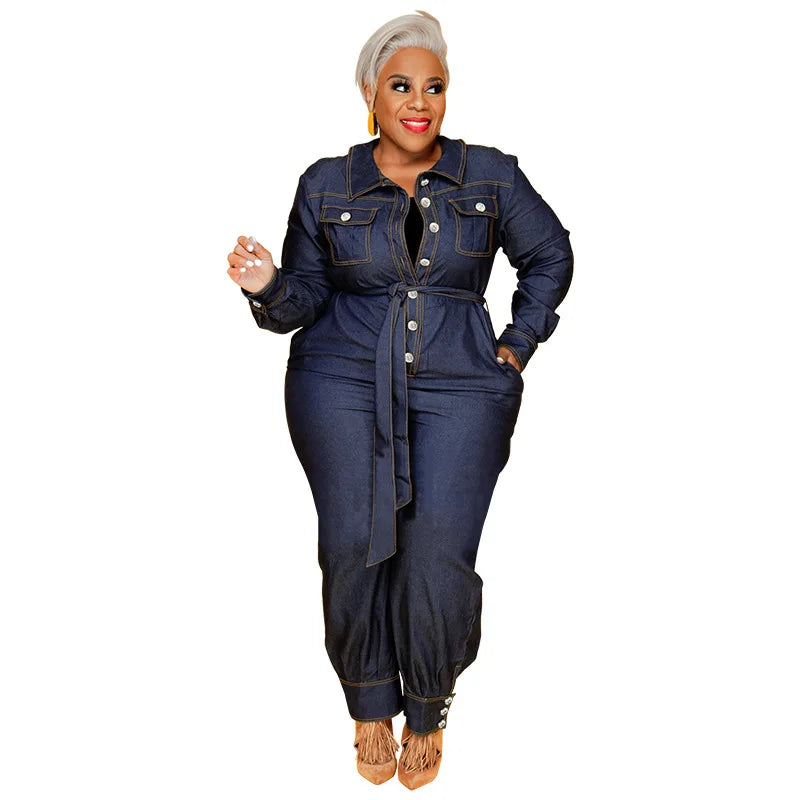 Denim Turn-Down Collar Sash Belted Button Front Long Sleeve Women's Overall Jumpsuit to 5X Plus Size
