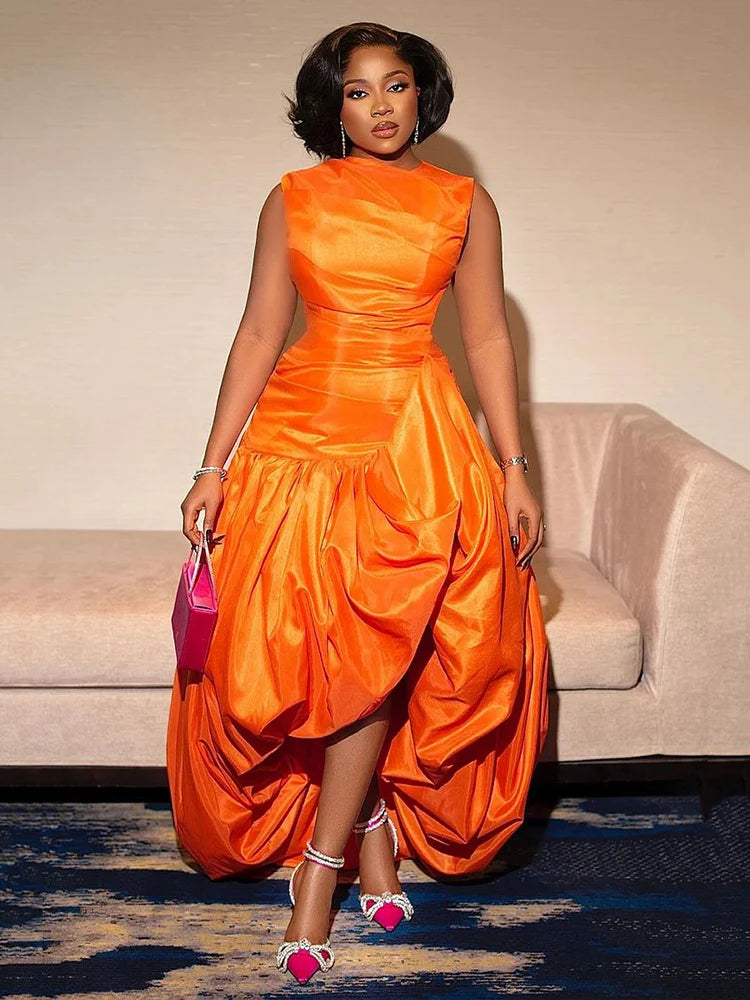 Orange Ruffled Oversized Sleeveless Cinched Waist Formal Maxi Party Prom Dress