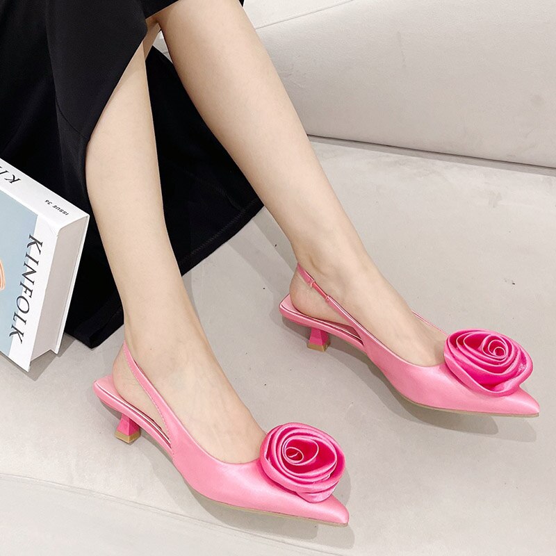 Flower Pointed Toe Slingback Low Heel Mules