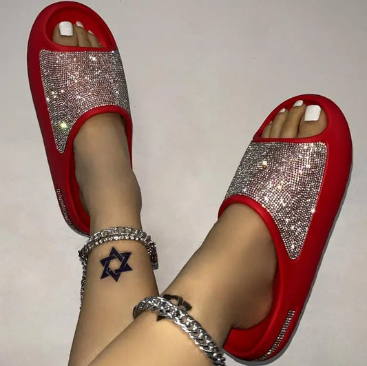 Rhinestone Glitter Sparkling Oversized Open Toe Ladies Flip Flop Sandals Slides