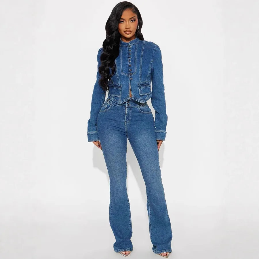 Denim Blue Mandarin Collar Women's Crop Jean Jacket + Jeans Matching 2-Piece Set