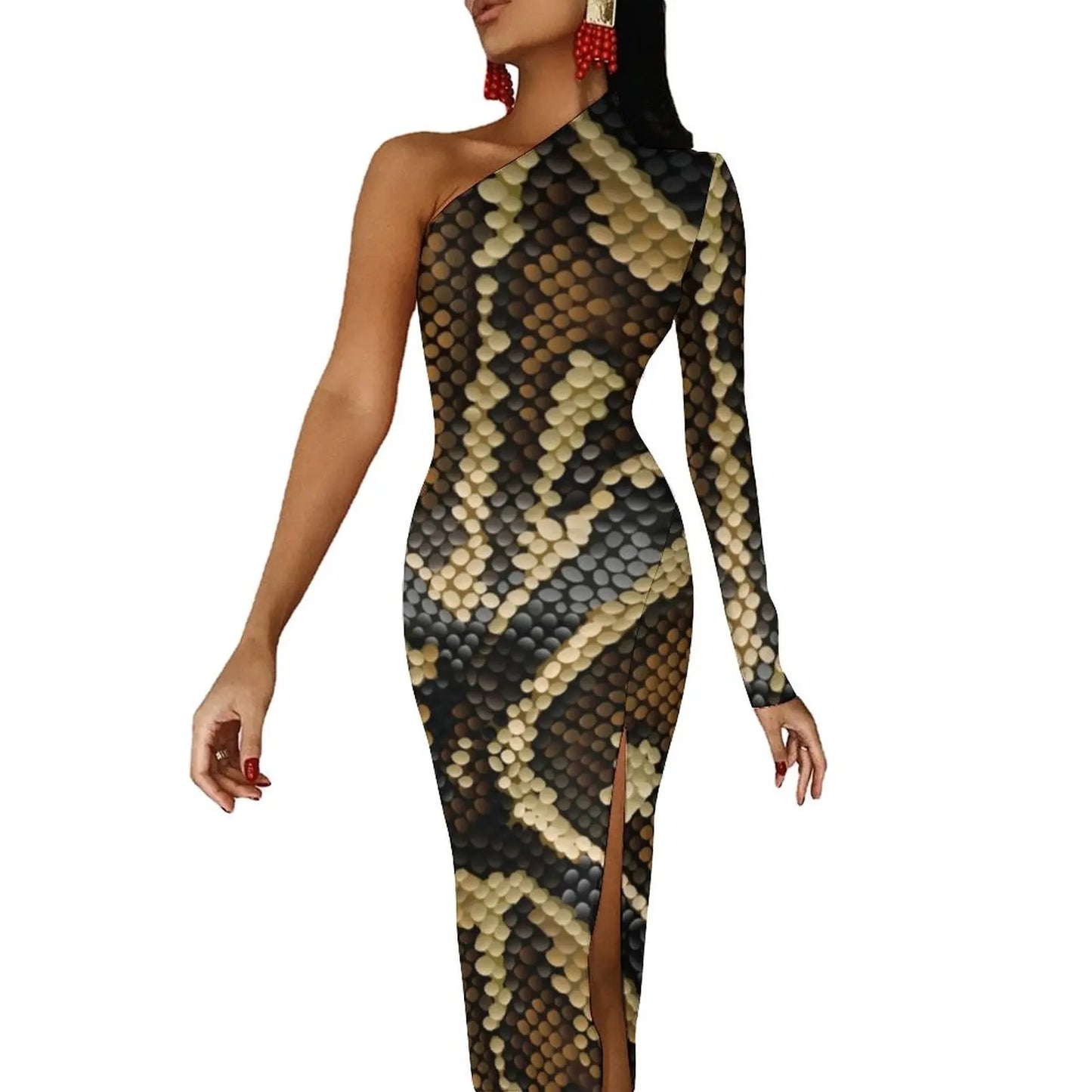 Snake Print/Geometric High Slit One Shoulder Long Sleeve Party Bodycon Maxi Dress