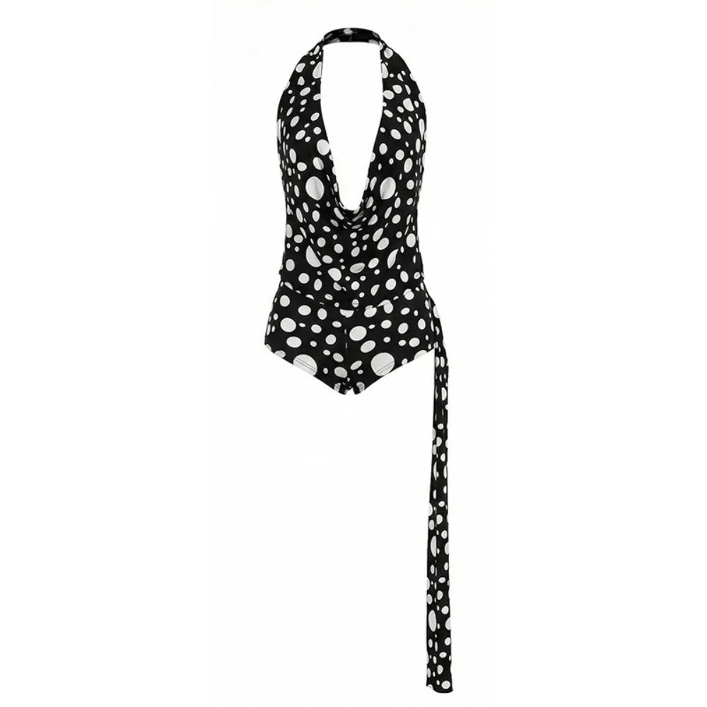 FLARORA Sexy Polka Dot Print 2 Piece Sets Woman Trend Halter V Neck Backless Ruched Tops And Ribbon Shorts Hottie Street Suits