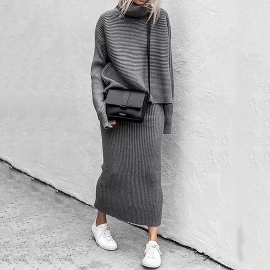 Solid Knitted High Neck Loose Sweater + Matching Knitted Maxi Skirt 2-Piece Set