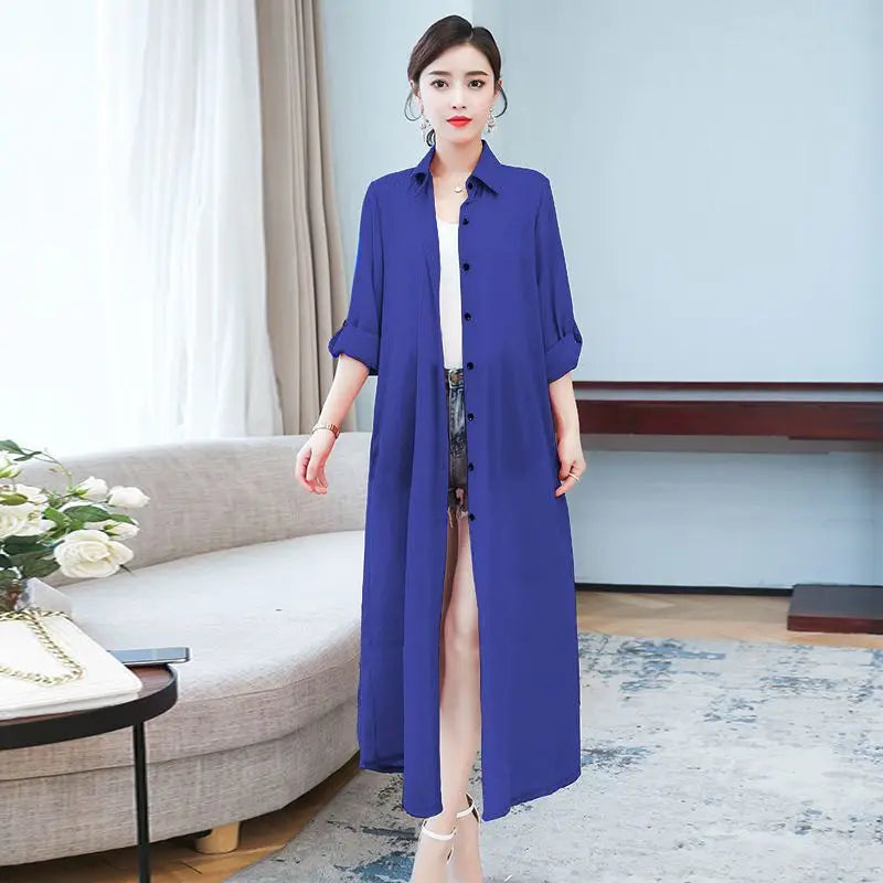 Chiffon Solid Color Women's Open Front Maxi Shirt Blouse