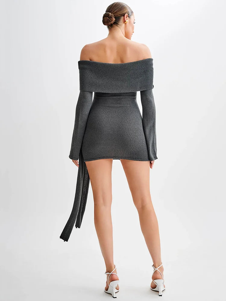 Off-the-Shoulder Knitted Strapless Backless Long Sleeve Ruched Draped Knitted Mini Dress